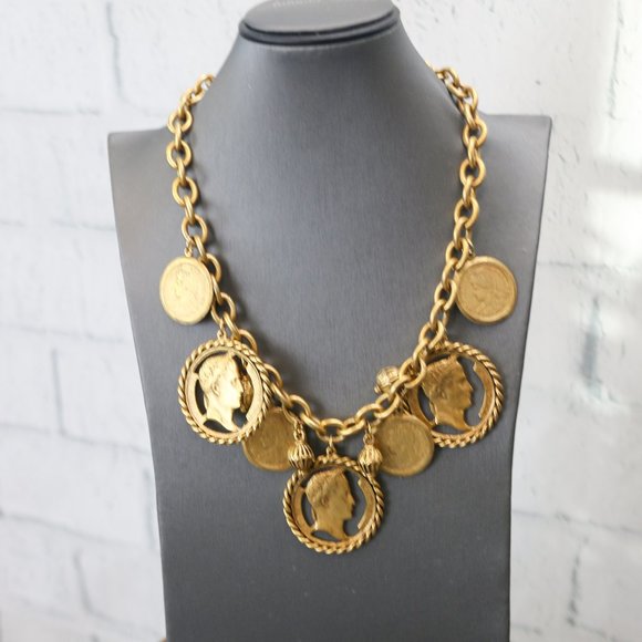Napoleon Coin Gold Tone Bib Necklace - Picture 3 of 12